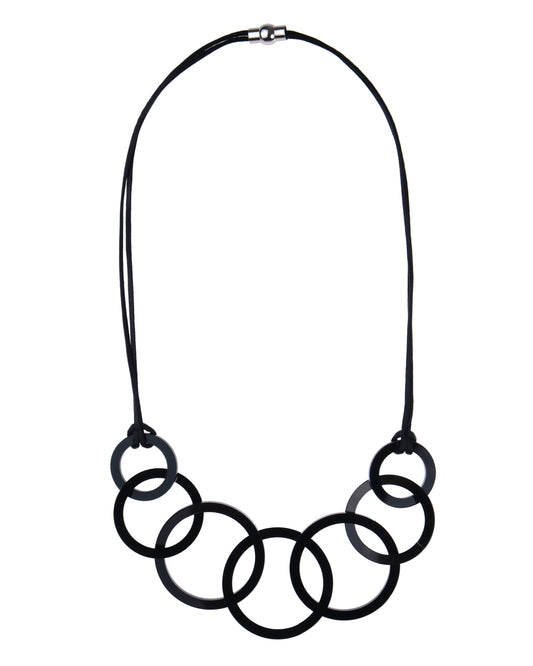 Black necklace with circular links on a white background