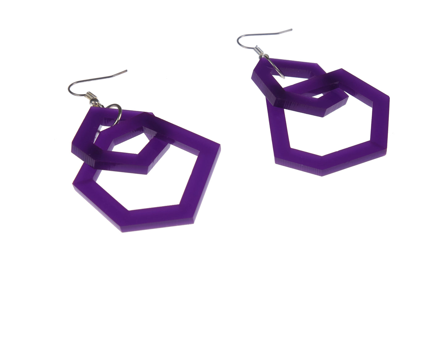 Purple geometric earrings on a white background