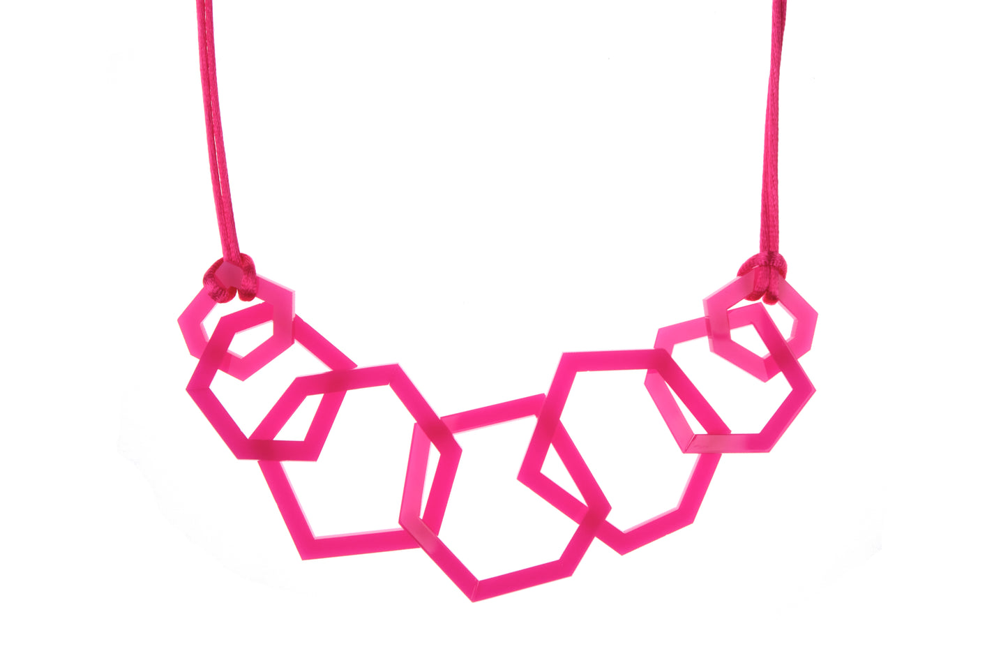 Fuchsia Pink geometric necklace on a white background