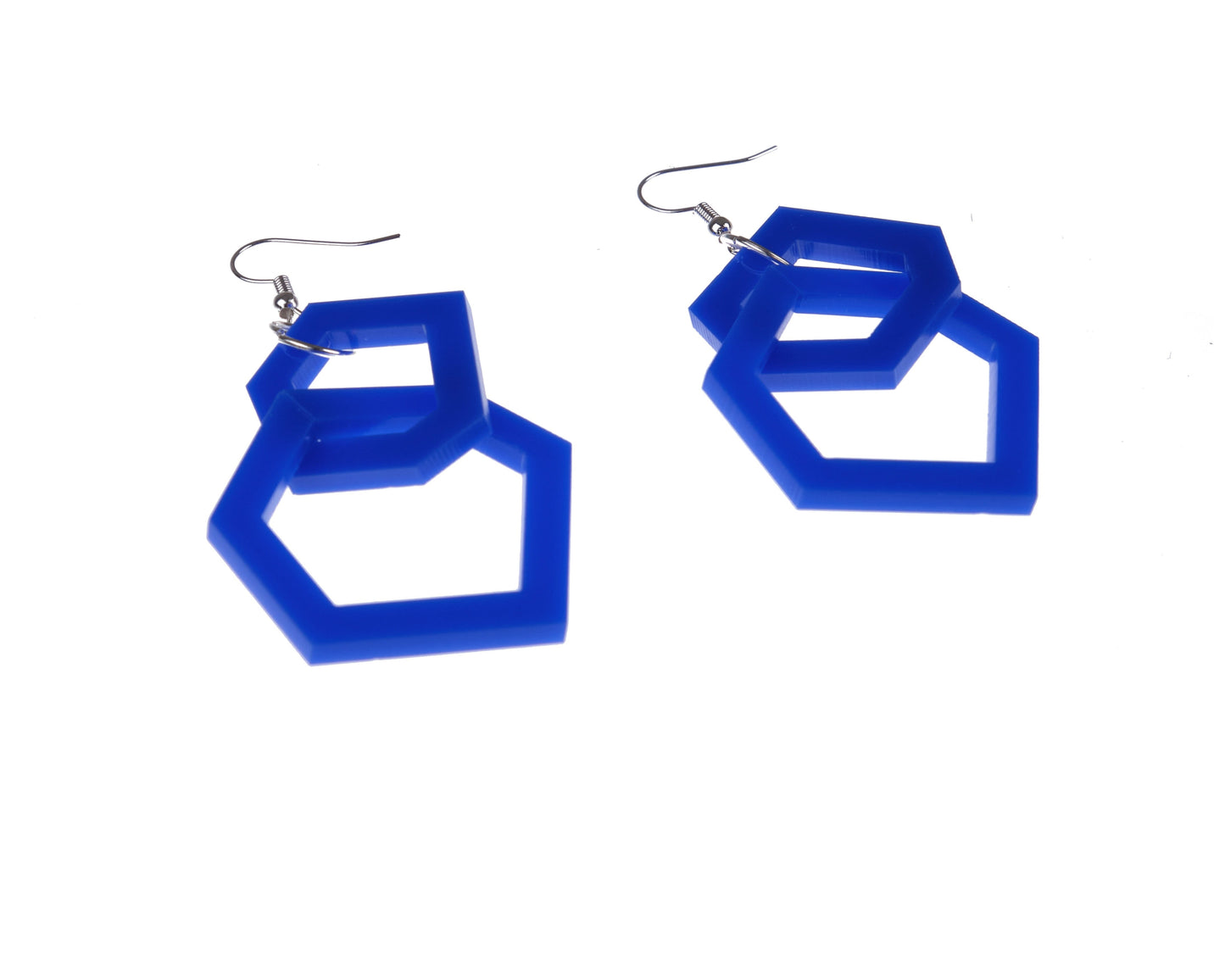 Royal Blue geometric earrings on a white background