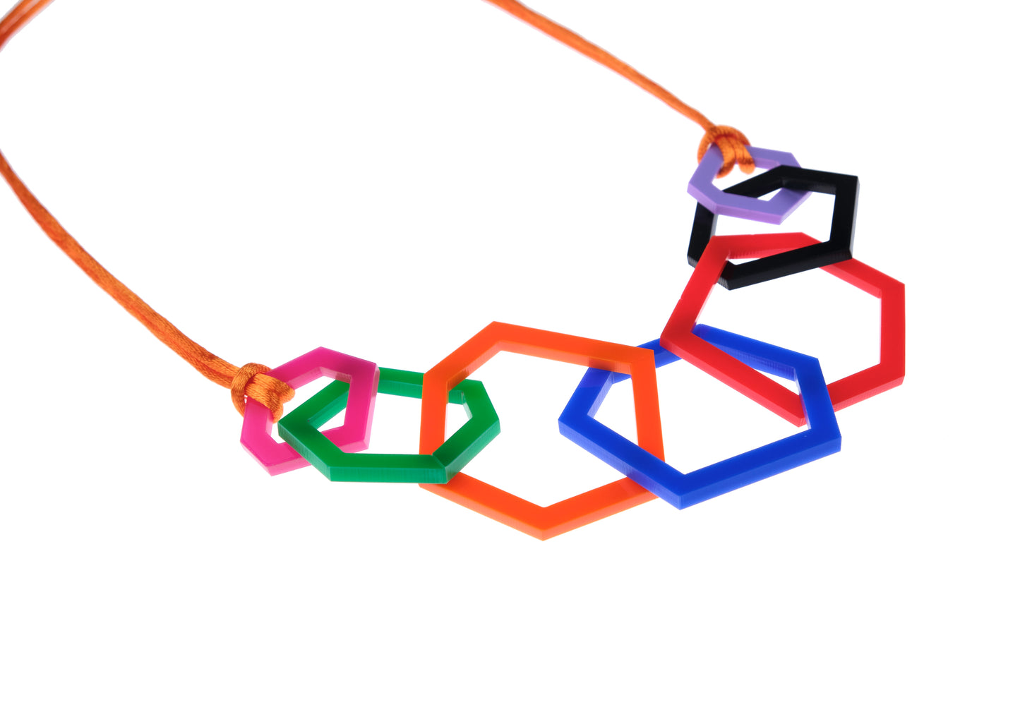 Colourful geometric necklace on a white background
