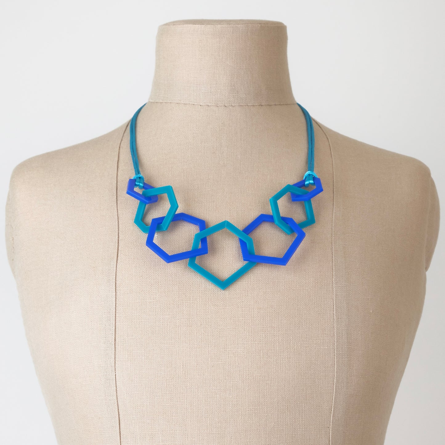 Turquoise and Royal Blue Hexagon Acrylic Necklace.