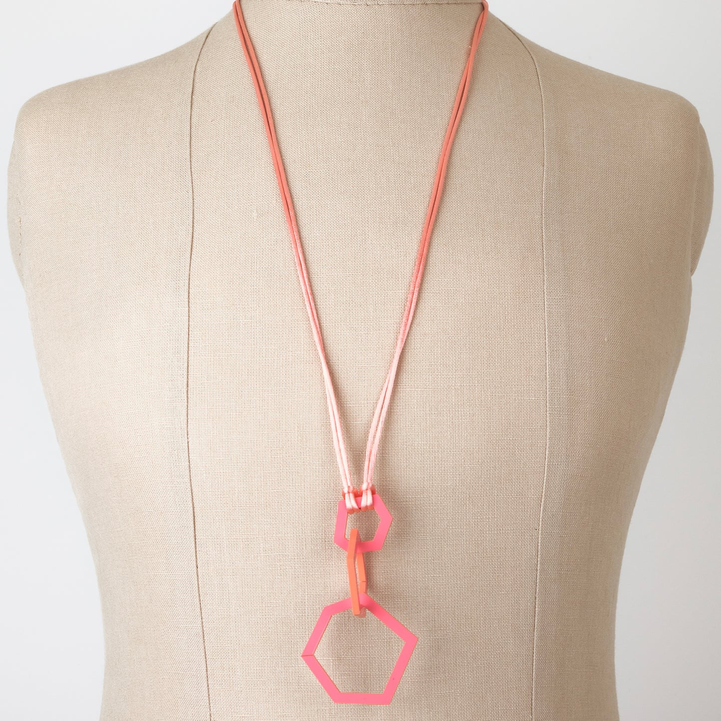 Coral Pink Acrylic Hexagon Pendant Necklace.