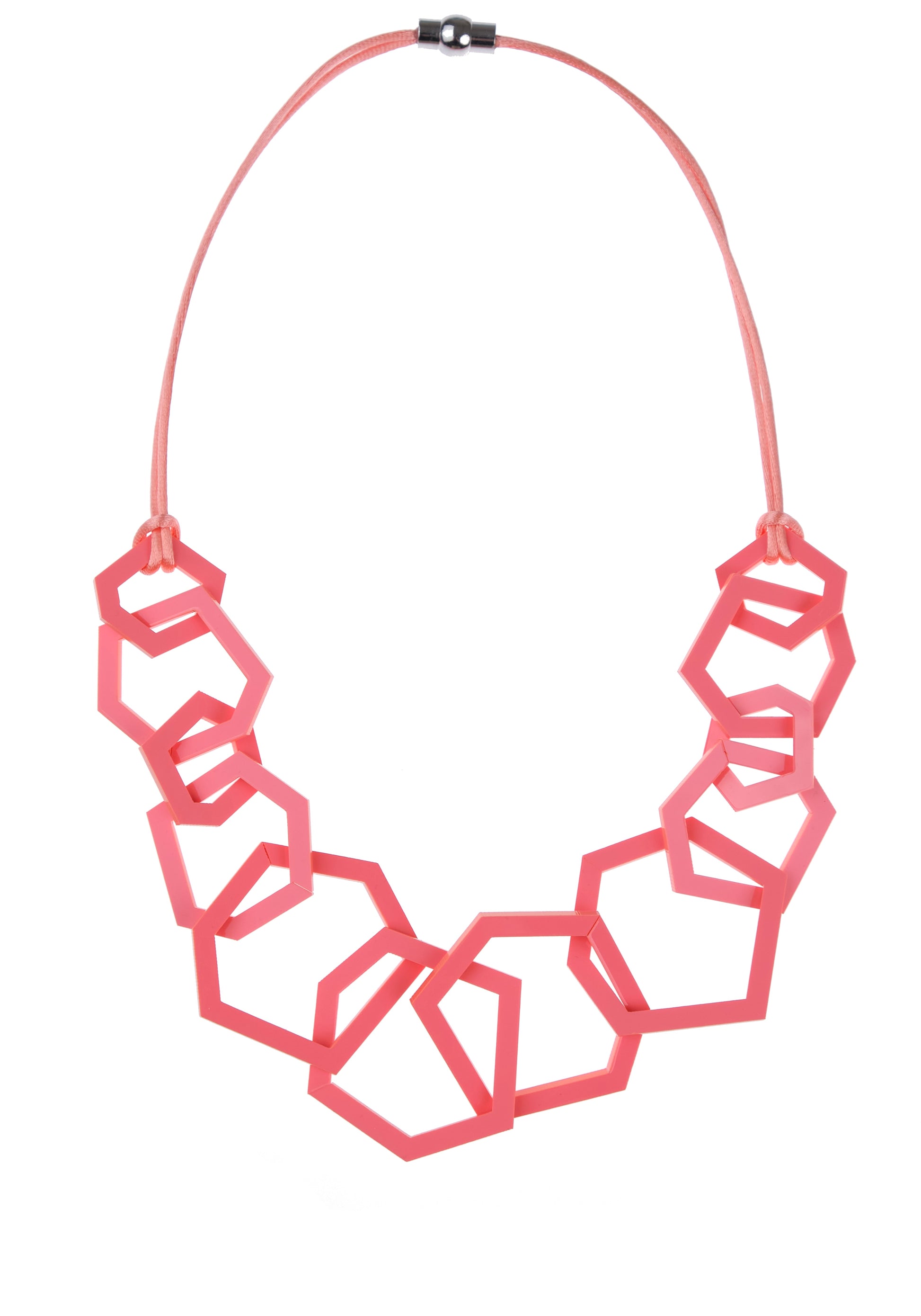 Geometric pink necklace on a white background