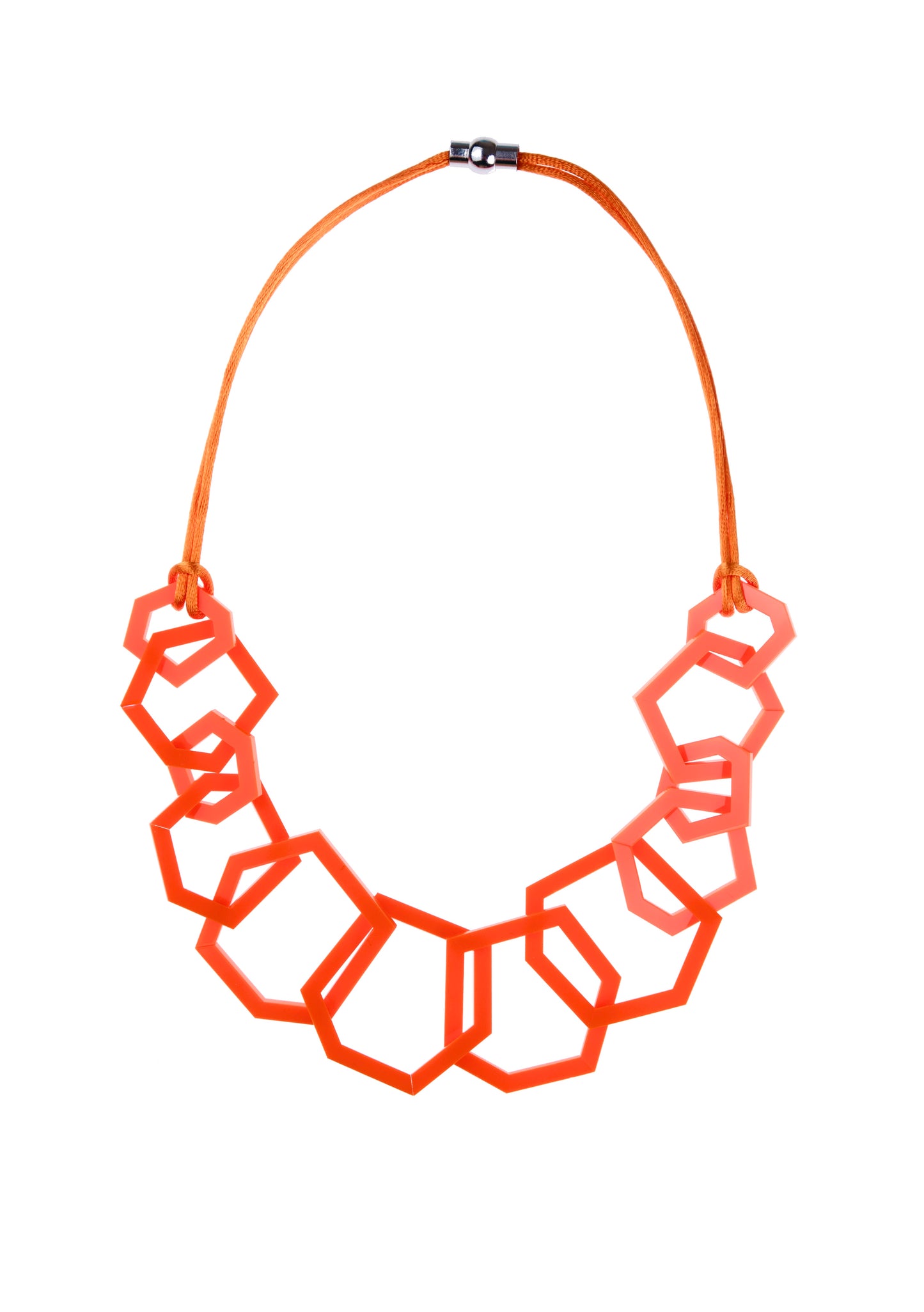 Orange geometric necklace on a white background