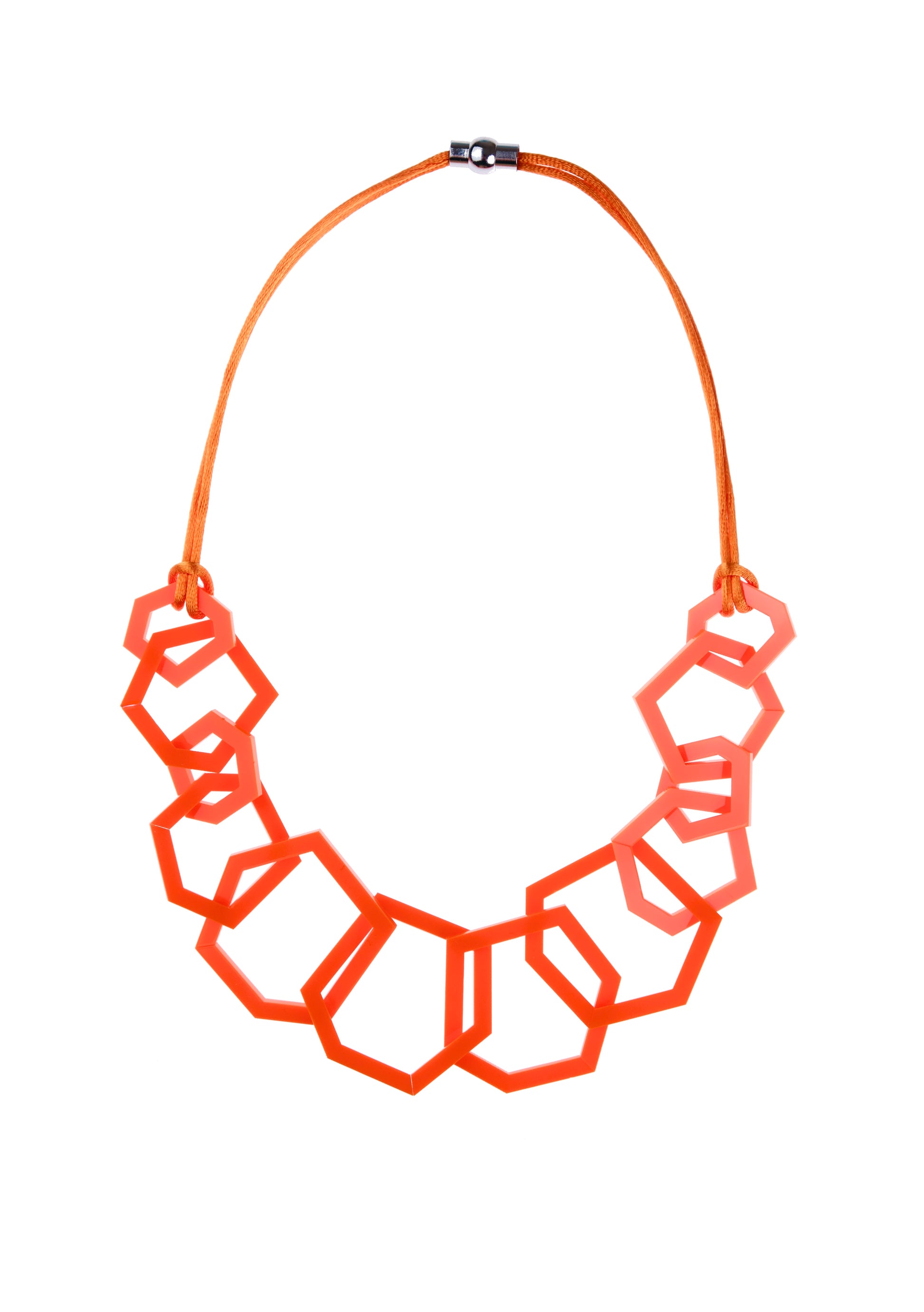 Orange geometric necklace on a white background