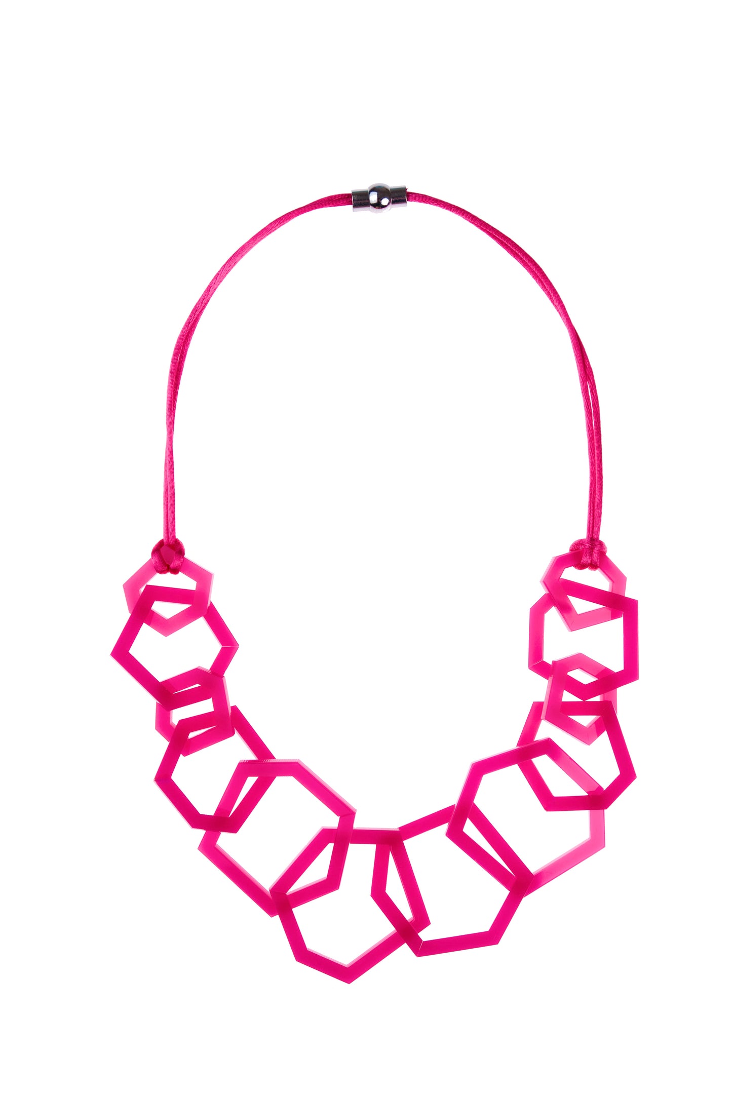 Fuchsia Pink geometric necklace on a white background