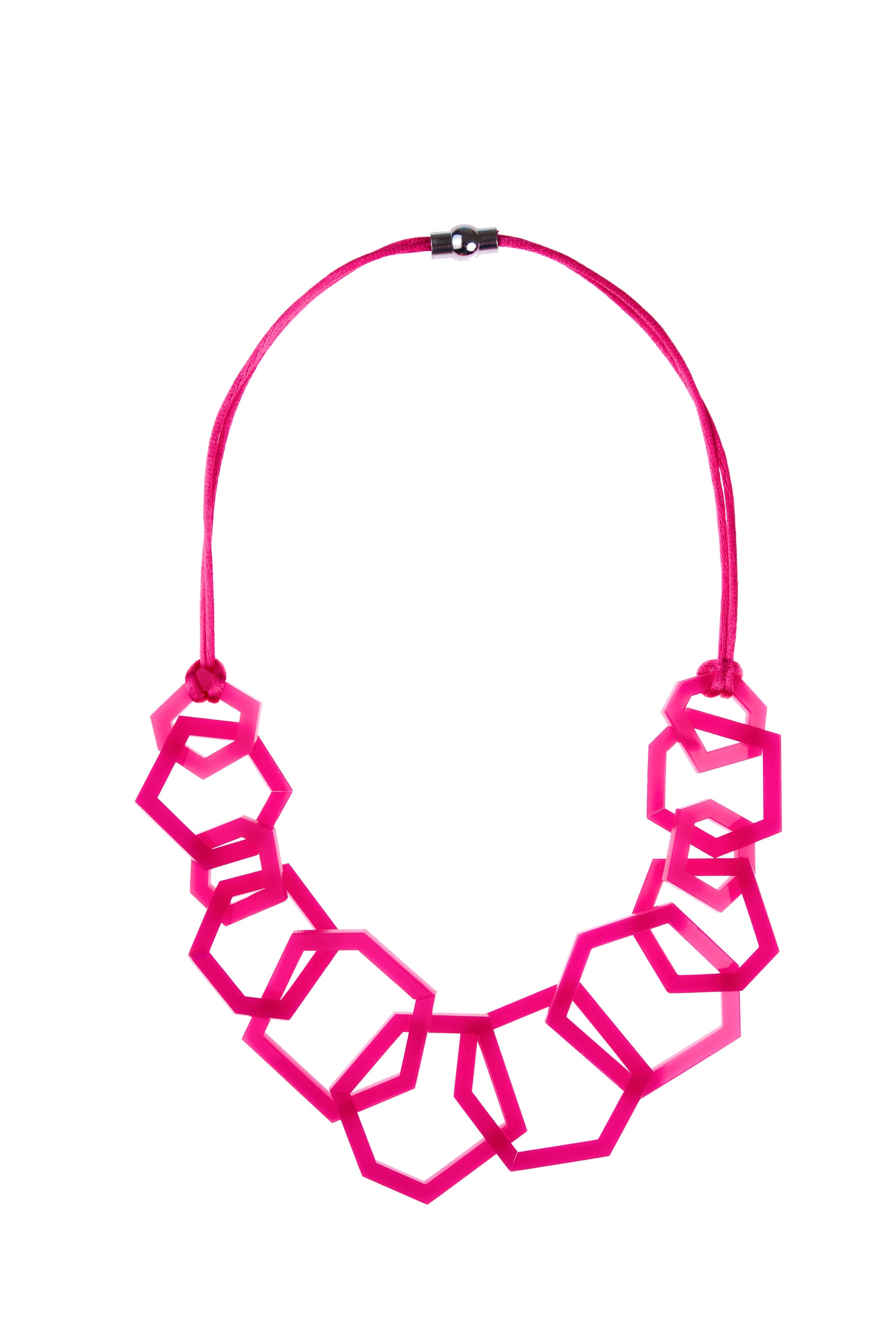 Fuchsia Pink geometric necklace on a white background