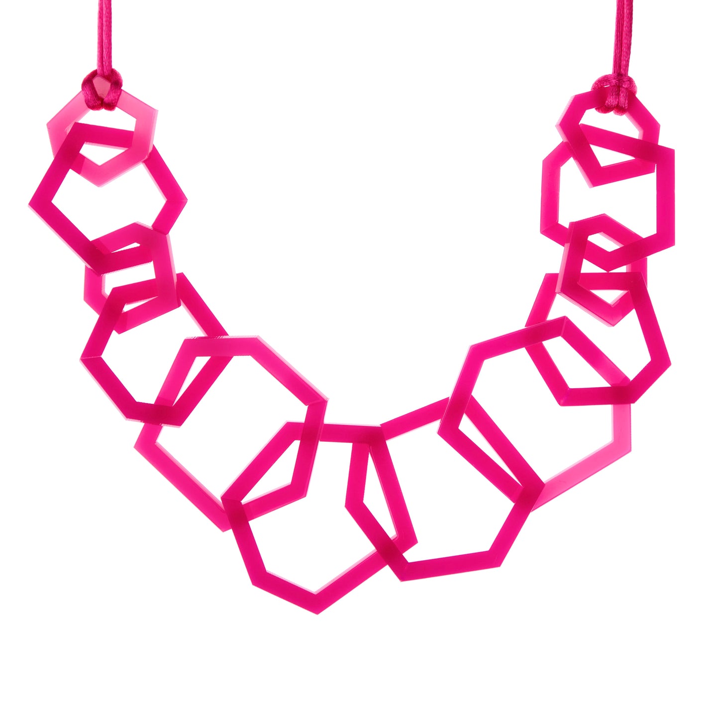 Fuchsia Pink geometric necklace on a white background