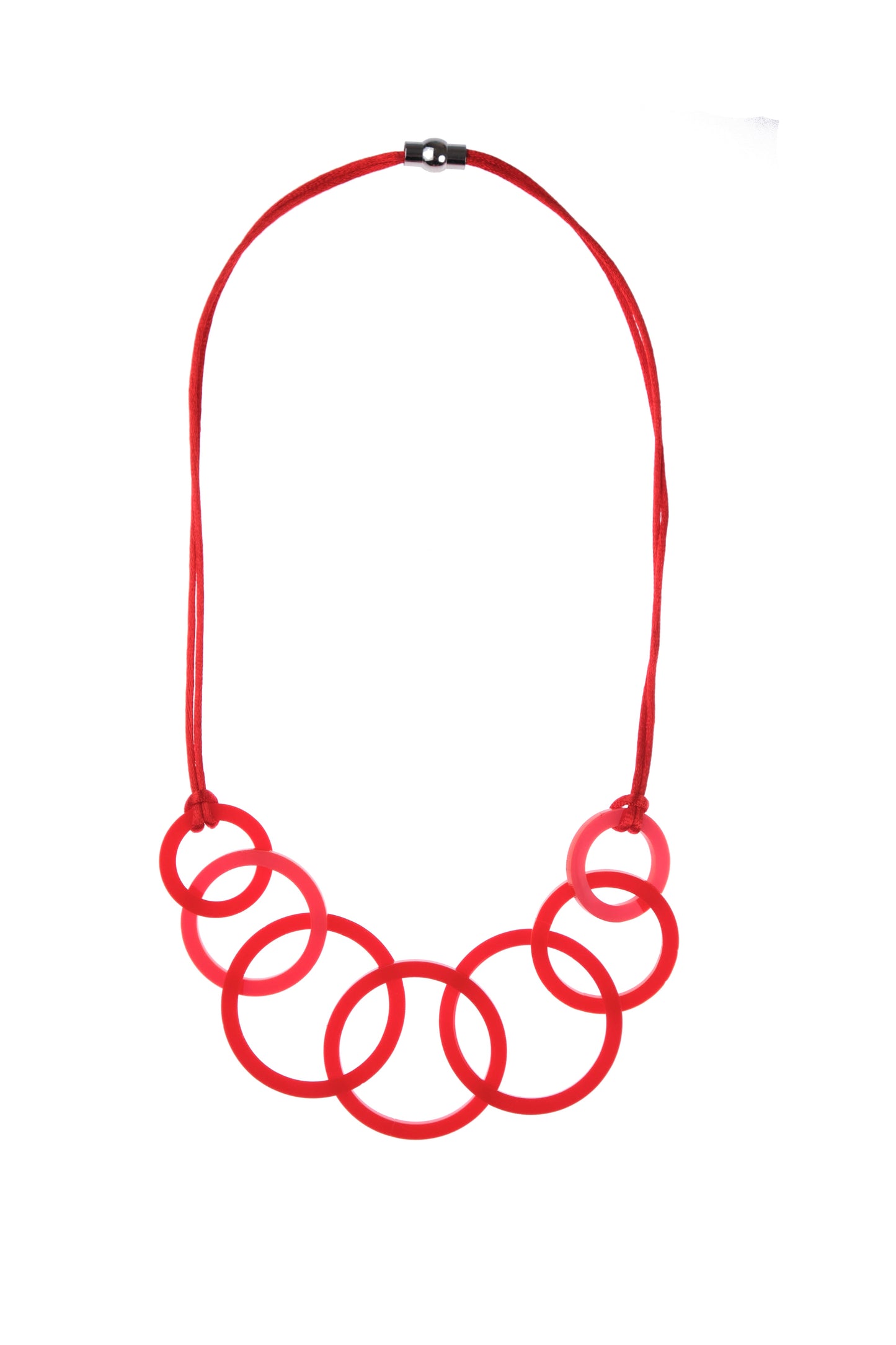 Red necklace with circular links on a white background