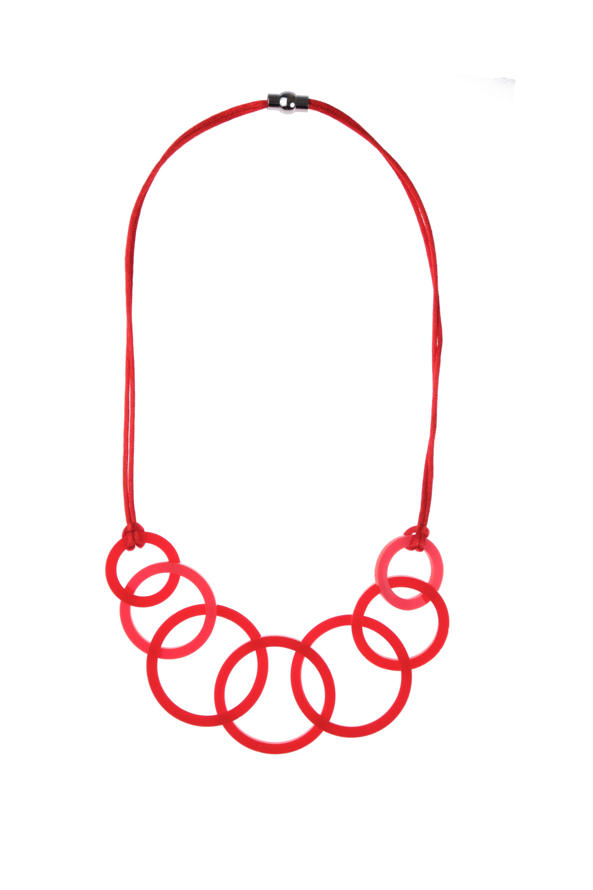 Red necklace with circular links on a white background