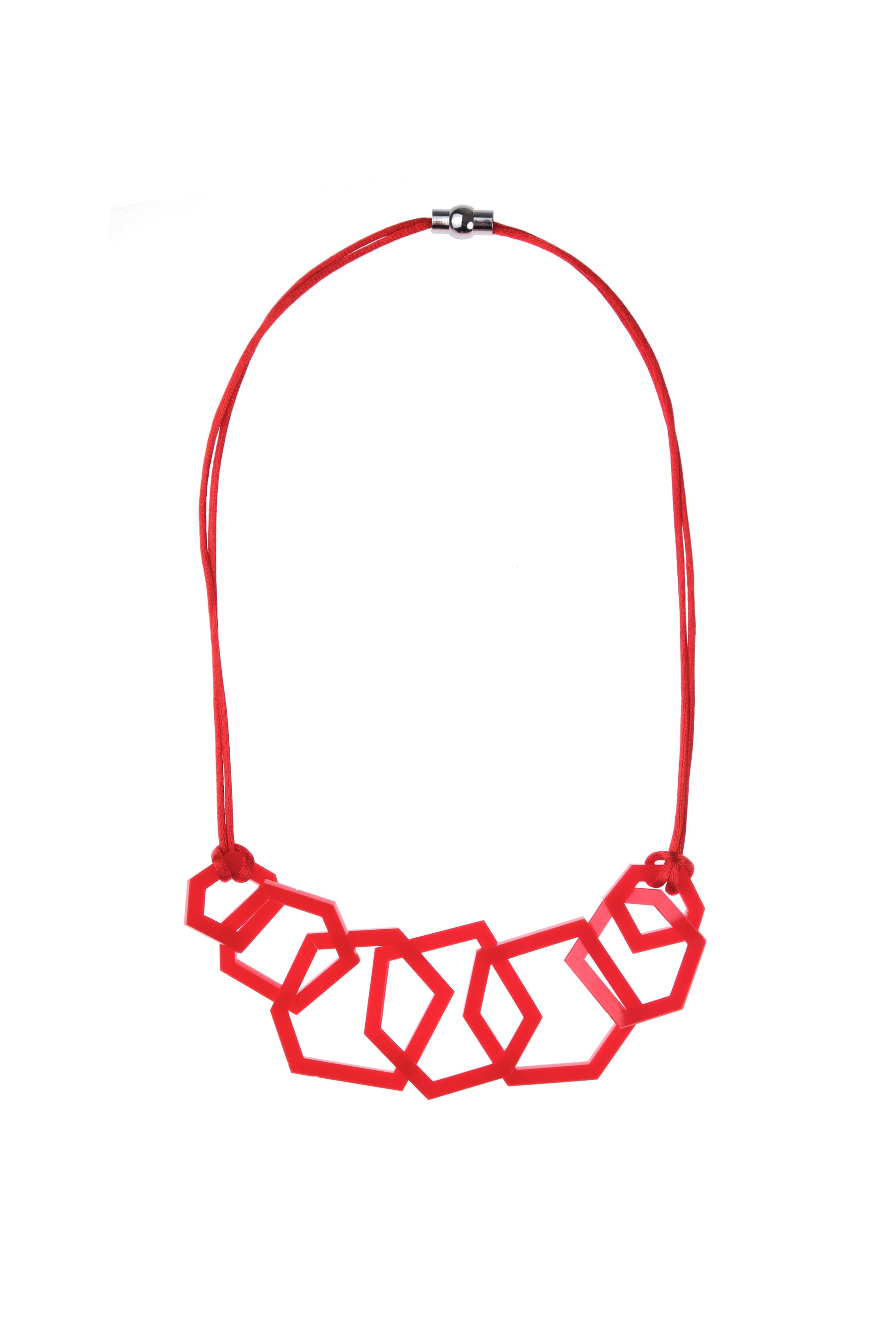 Red geometric necklace on a white background