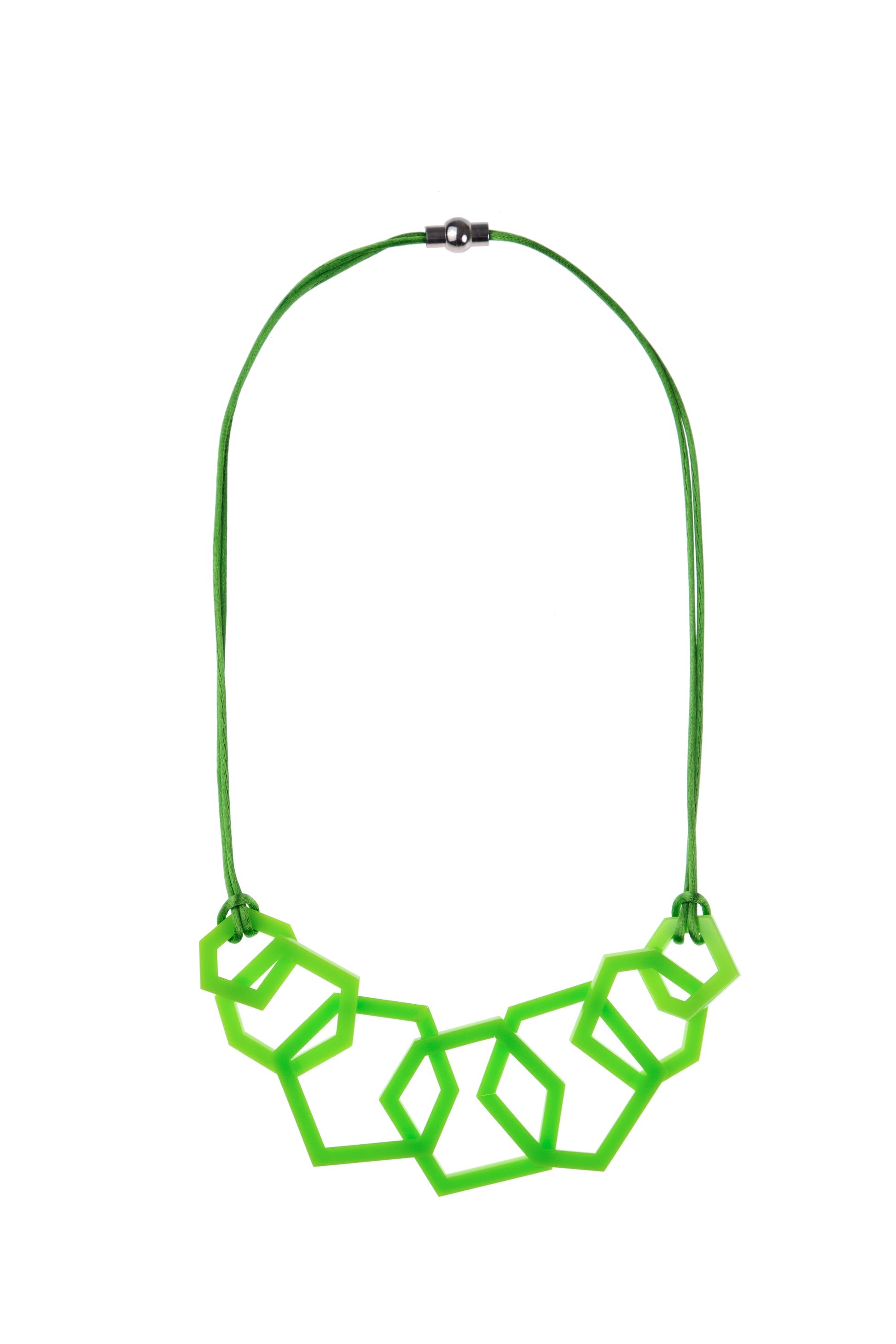 Lime green geometric acrylic necklace on a white background