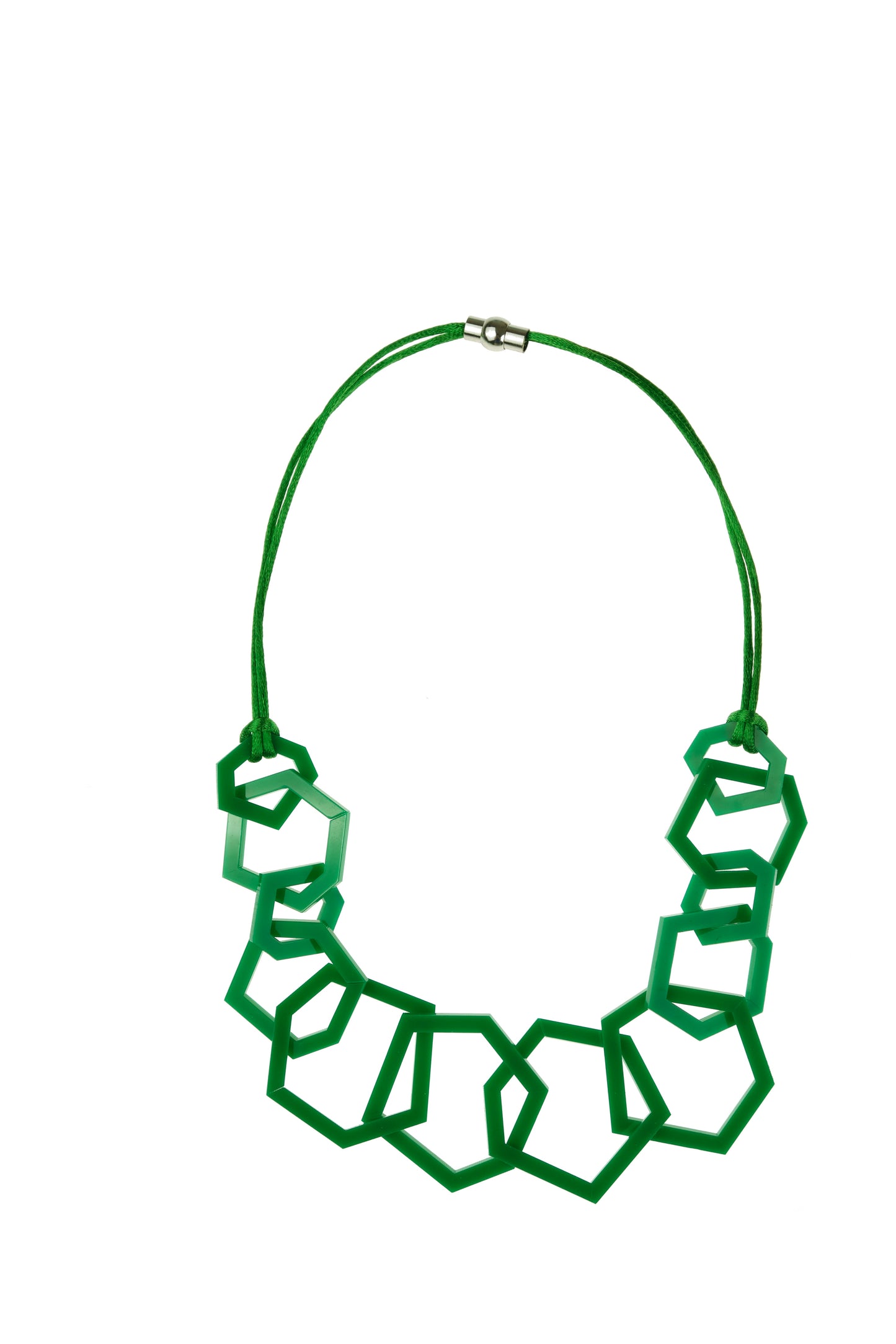 Green geometric necklace on a white background