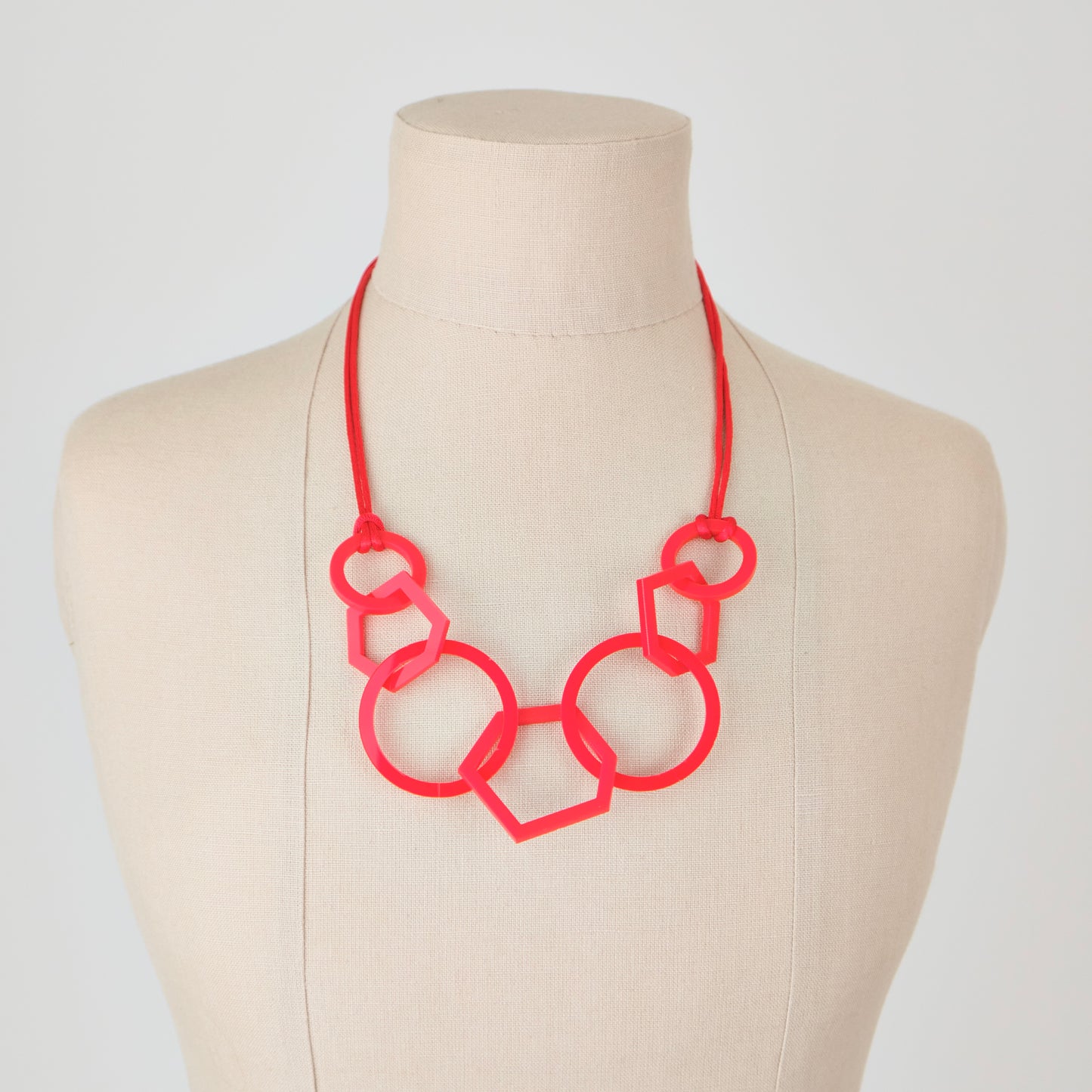 Red Circle and Hexagon Link Acrylic Necklace.