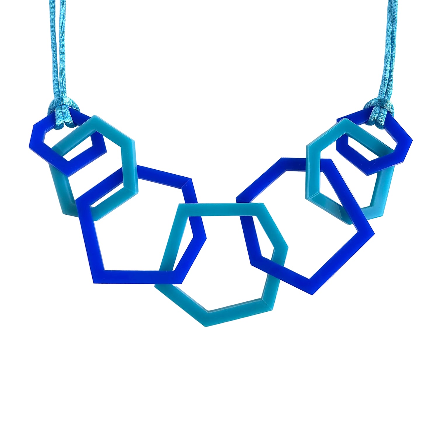 Turquoise and Royal Blue Hexagon Acrylic Necklace.