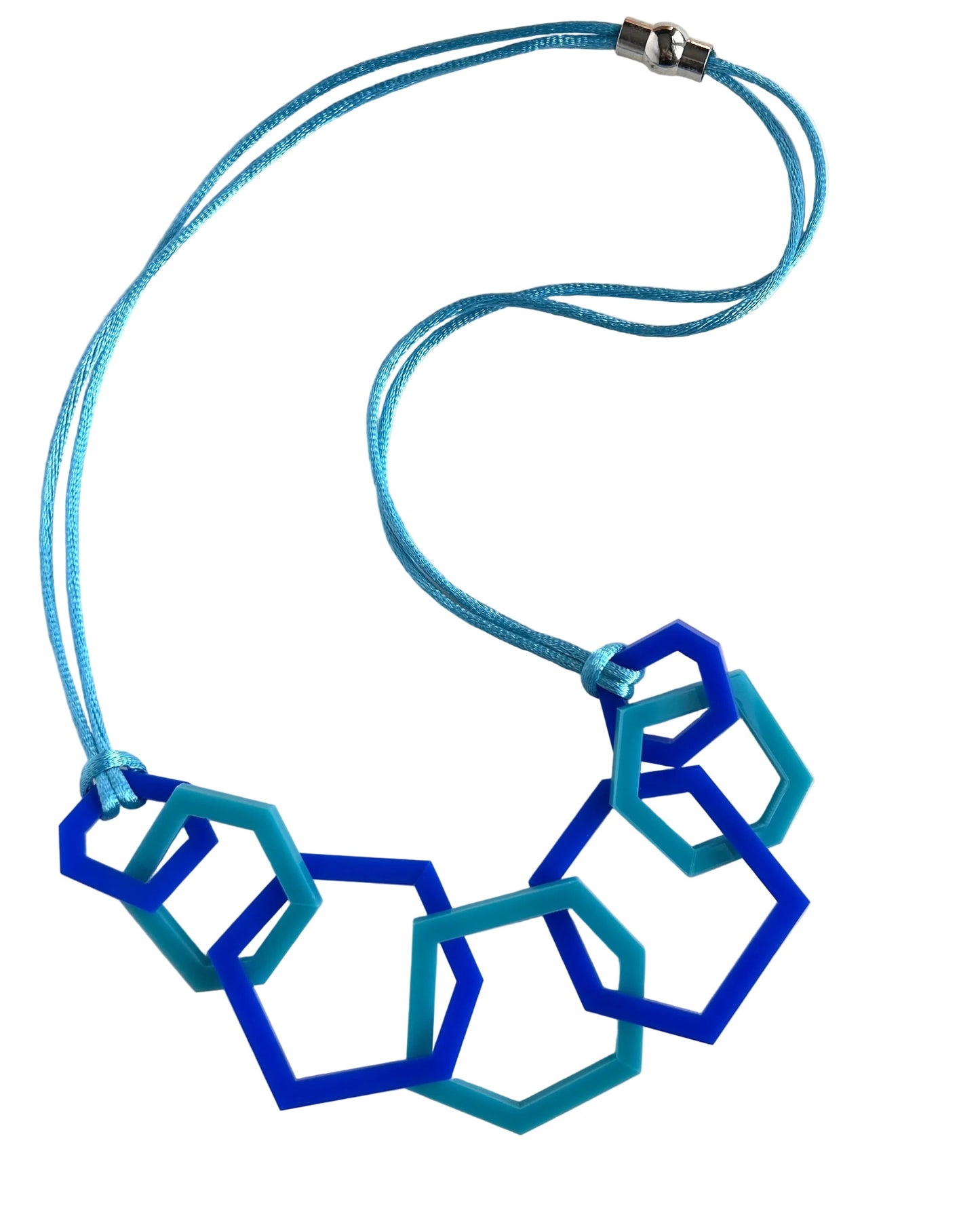 Turquoise and Royal Blue Hexagon Acrylic Necklace.