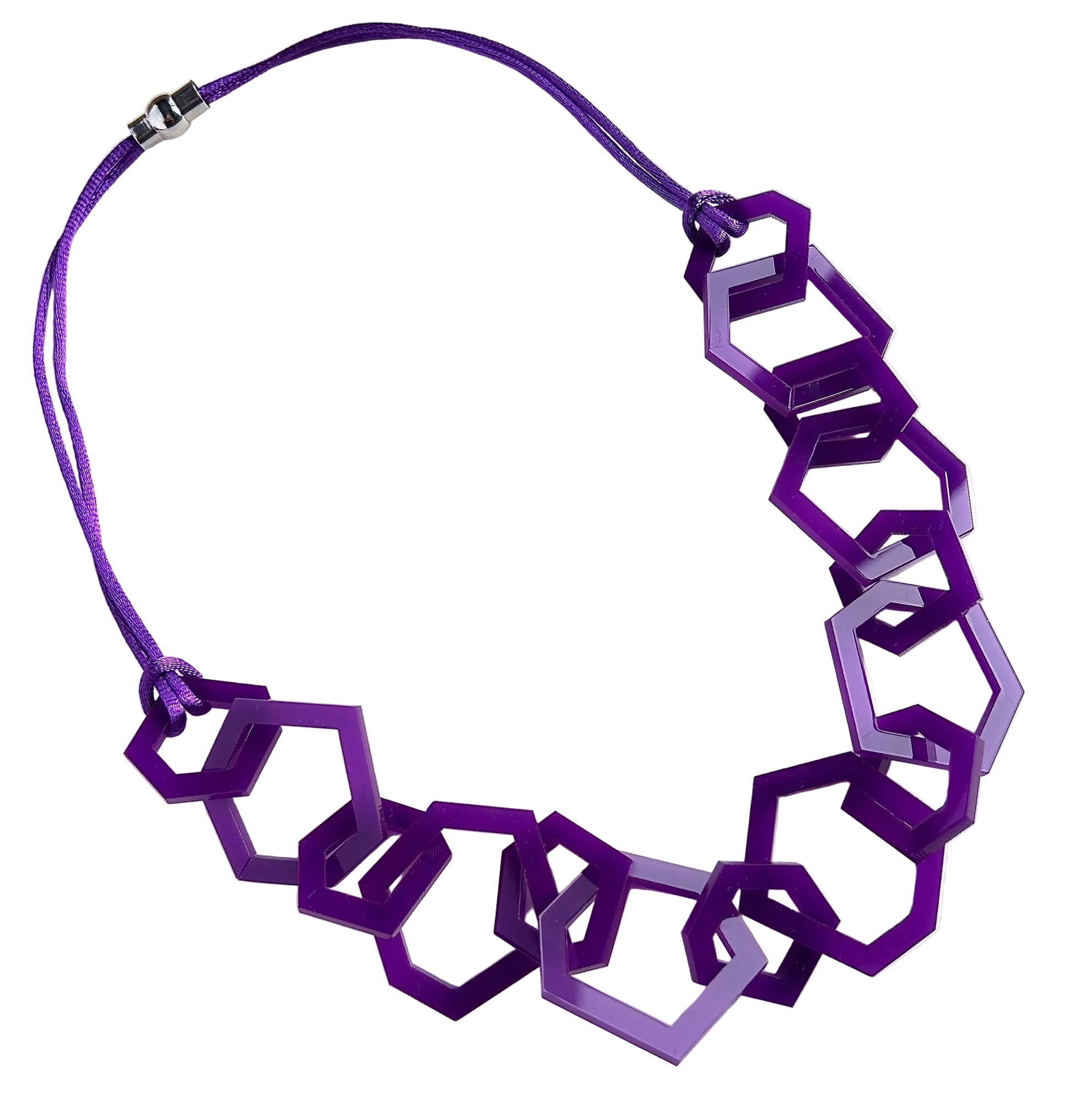 Purple geometric necklace on a white background