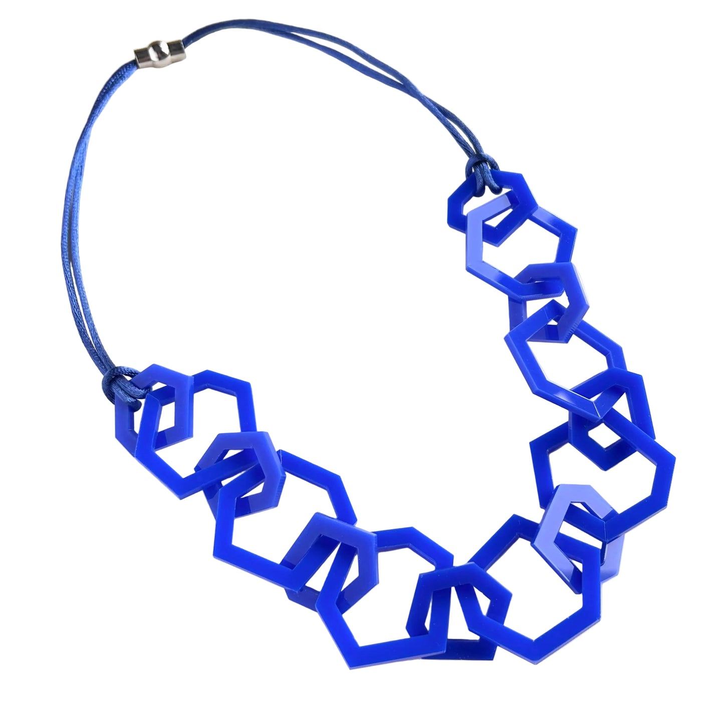 Blue geometric necklace on a white background