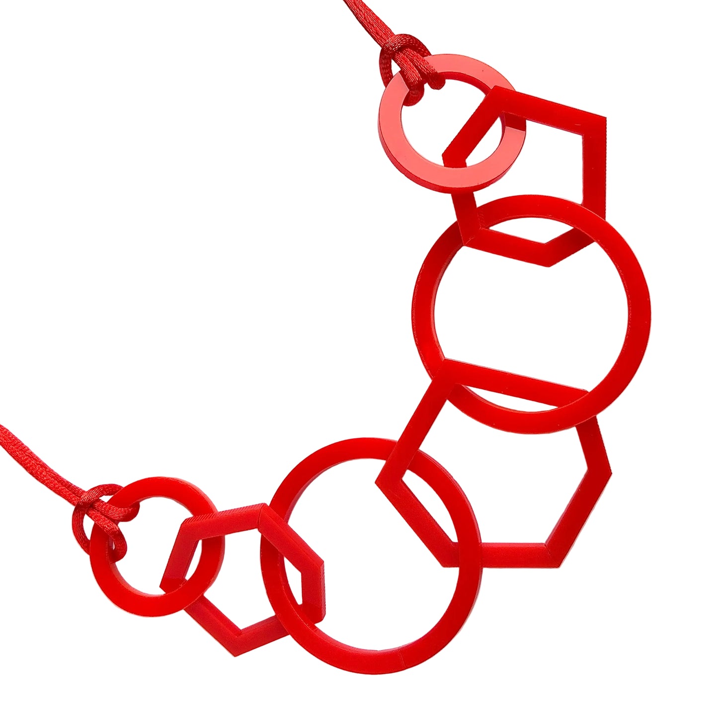 Red Circle and Hexagon Link Acrylic Necklace.