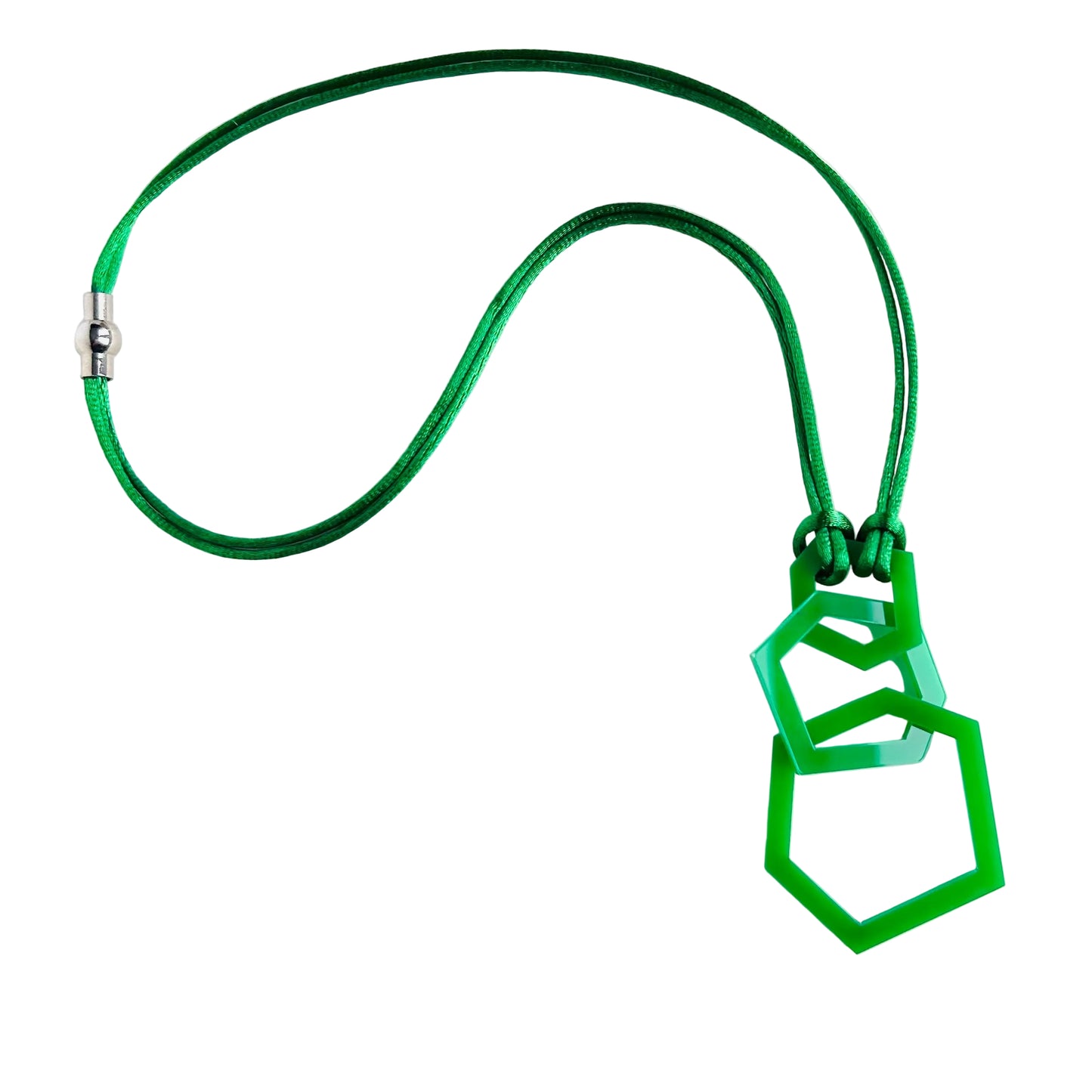 Green necklace with geometric pendant on a white background
