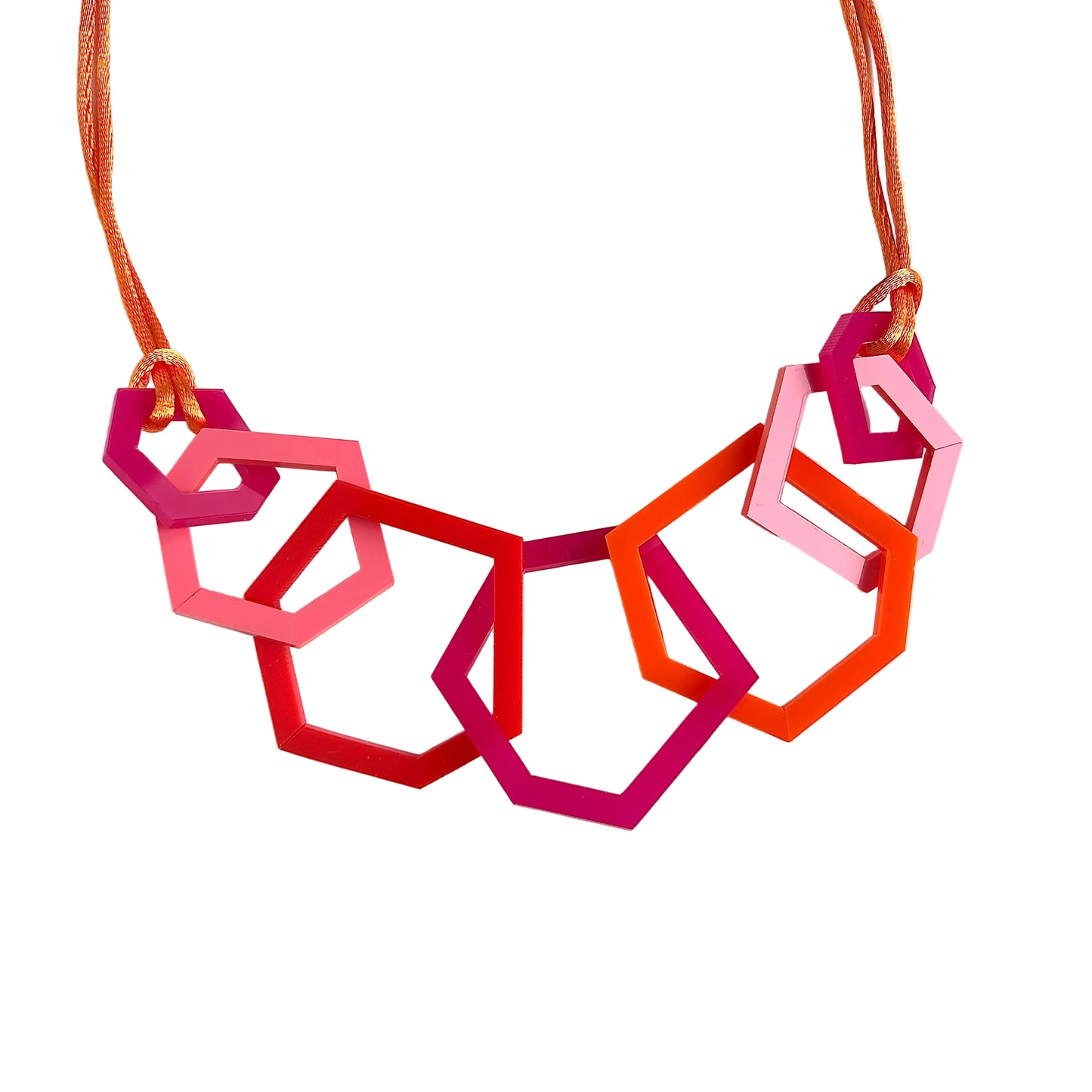 Necklace with geometric pink and orange links on a white background