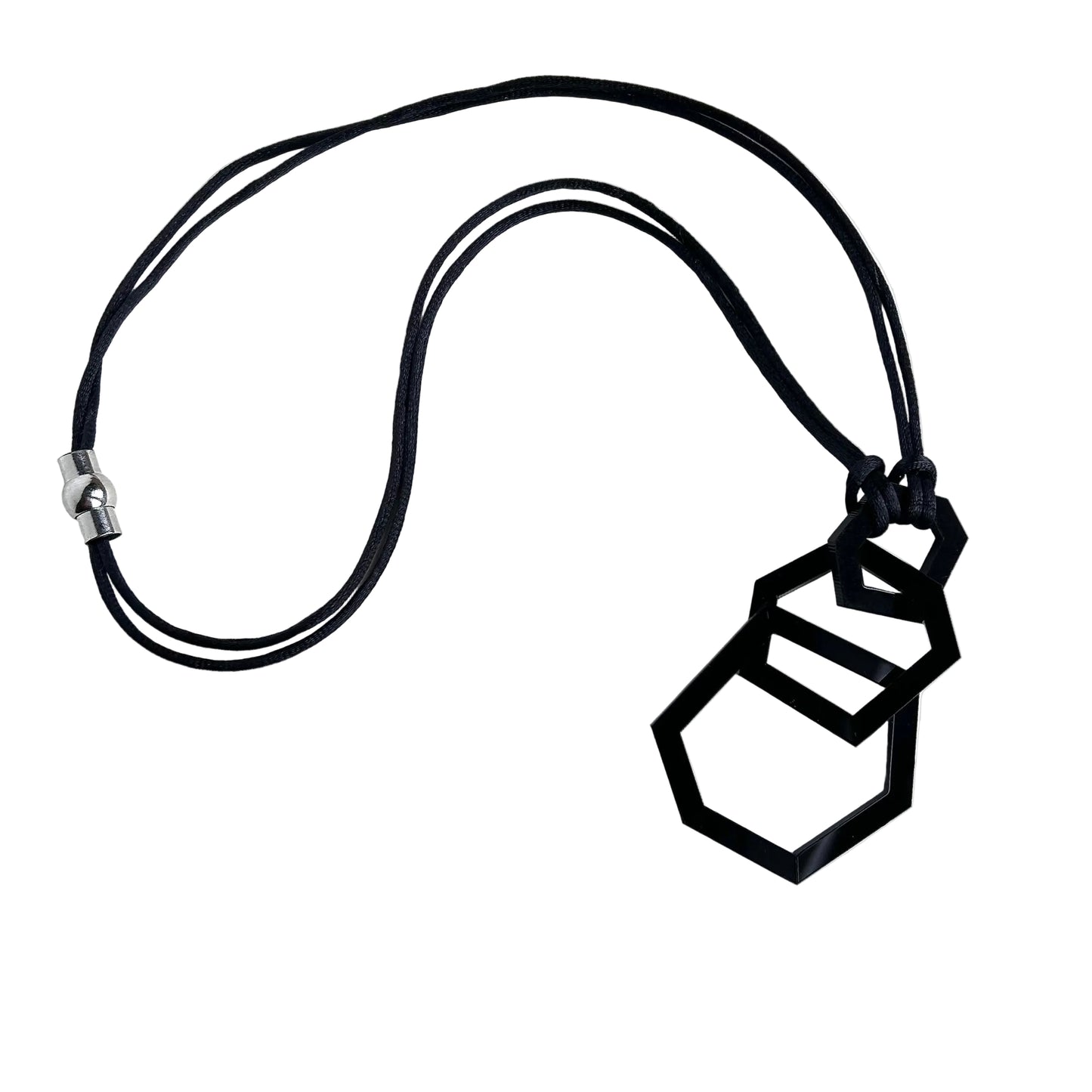 Black geometric necklace on a white background