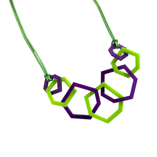 Lime Green and Purple Hexagon Acrylic Necklace.