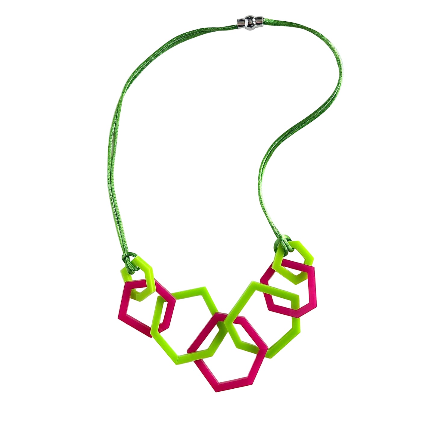 Lime Green and Fuchsia Pink Hexagon Acrylic Necklace. (Copy) (Copy)