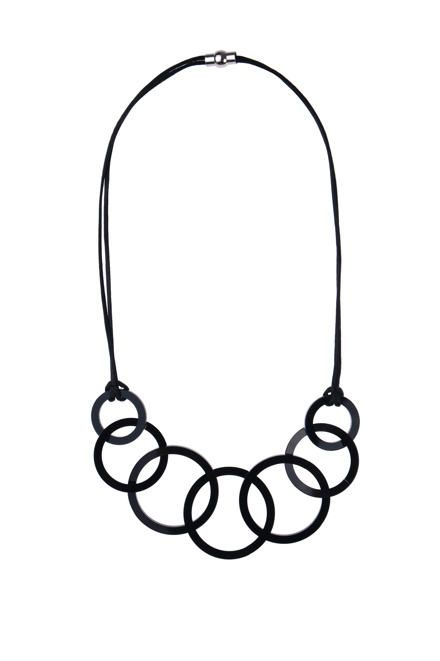 Black necklace with circular links on a white background