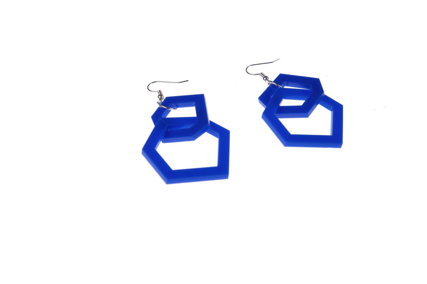 Royal Blue geometric earrings on a white background
