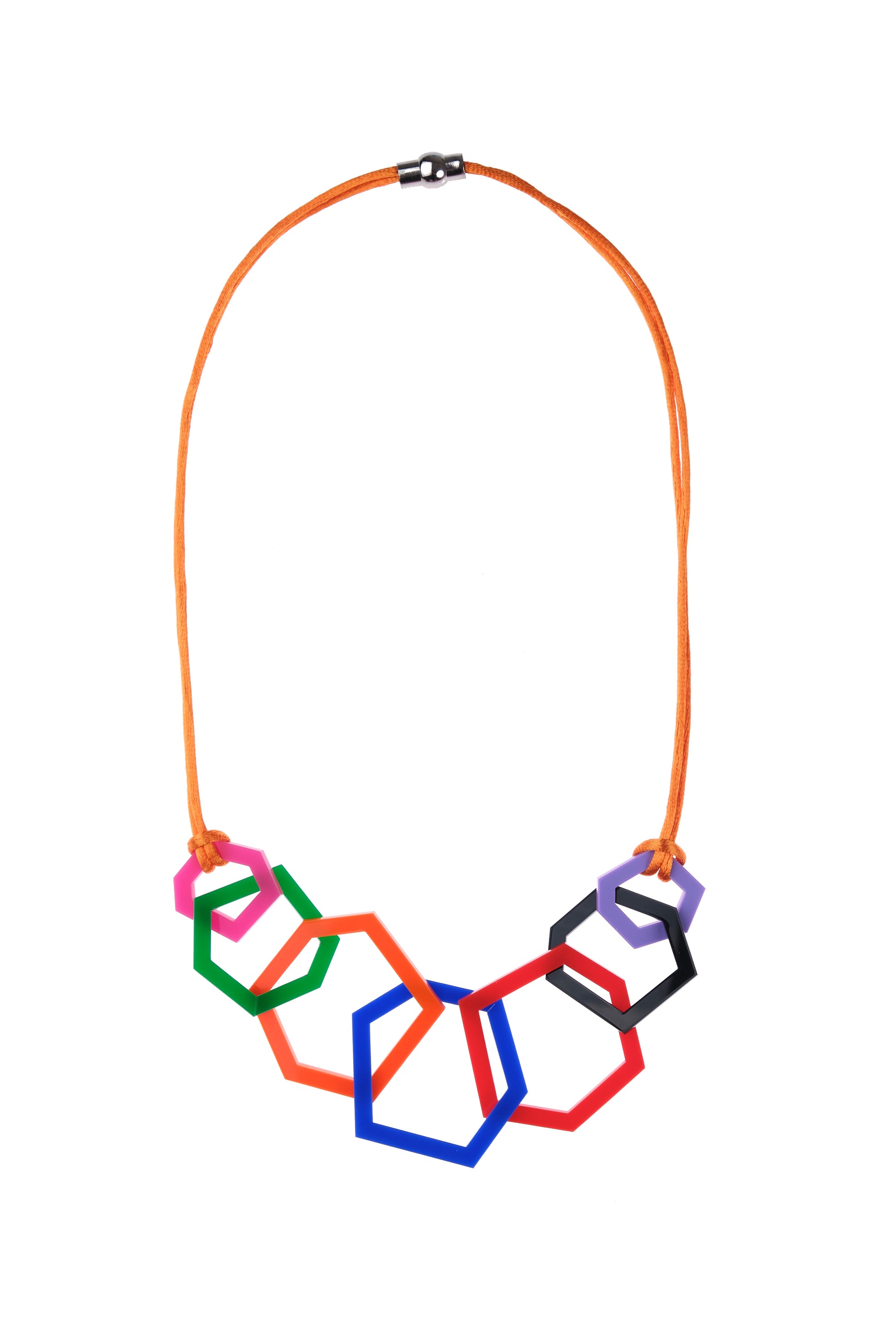 Multicolour geometric necklace on an orange cord against a white background
