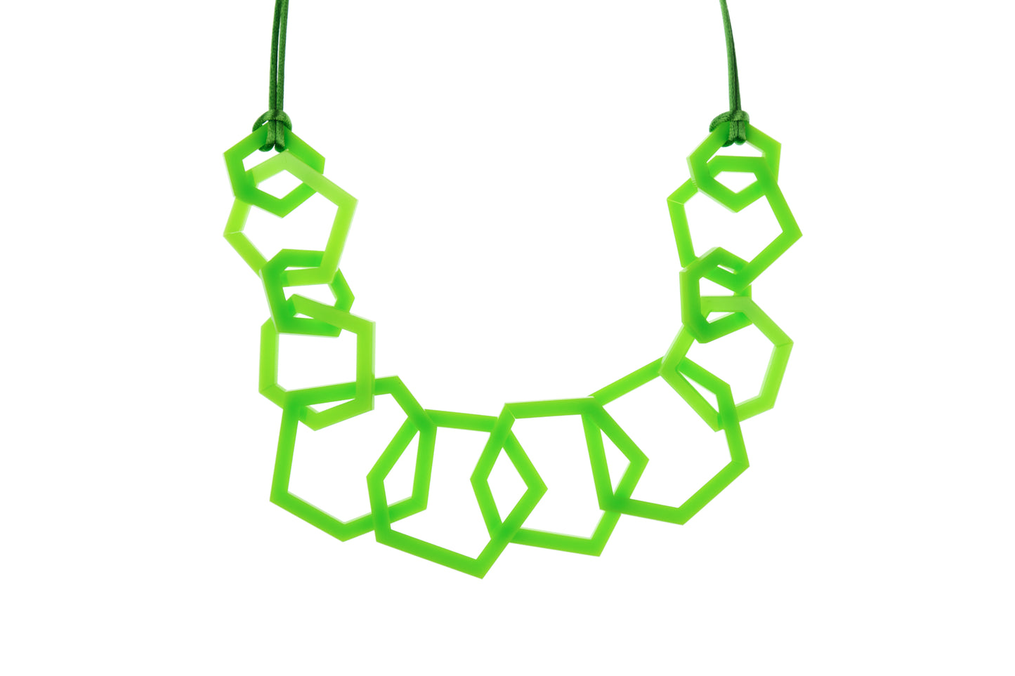 Lime green geometric necklace on a white background