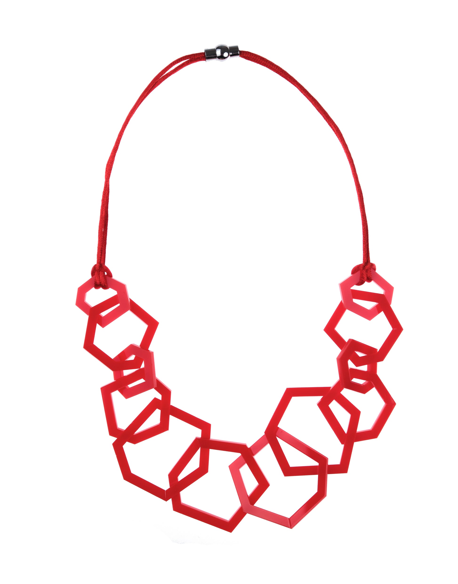 Red geometric necklace on a white background