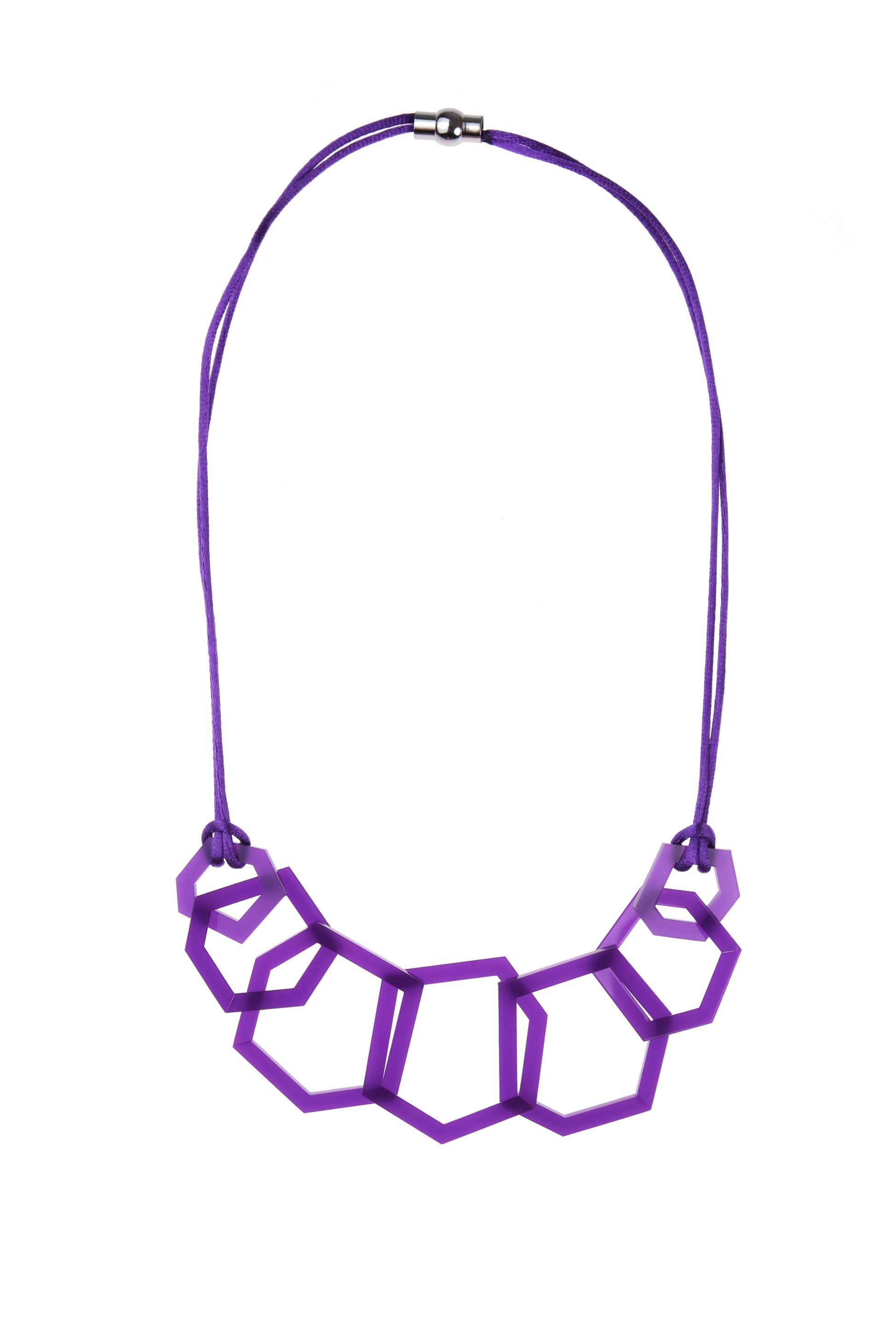 Purple geometric acrylic necklace on a white background