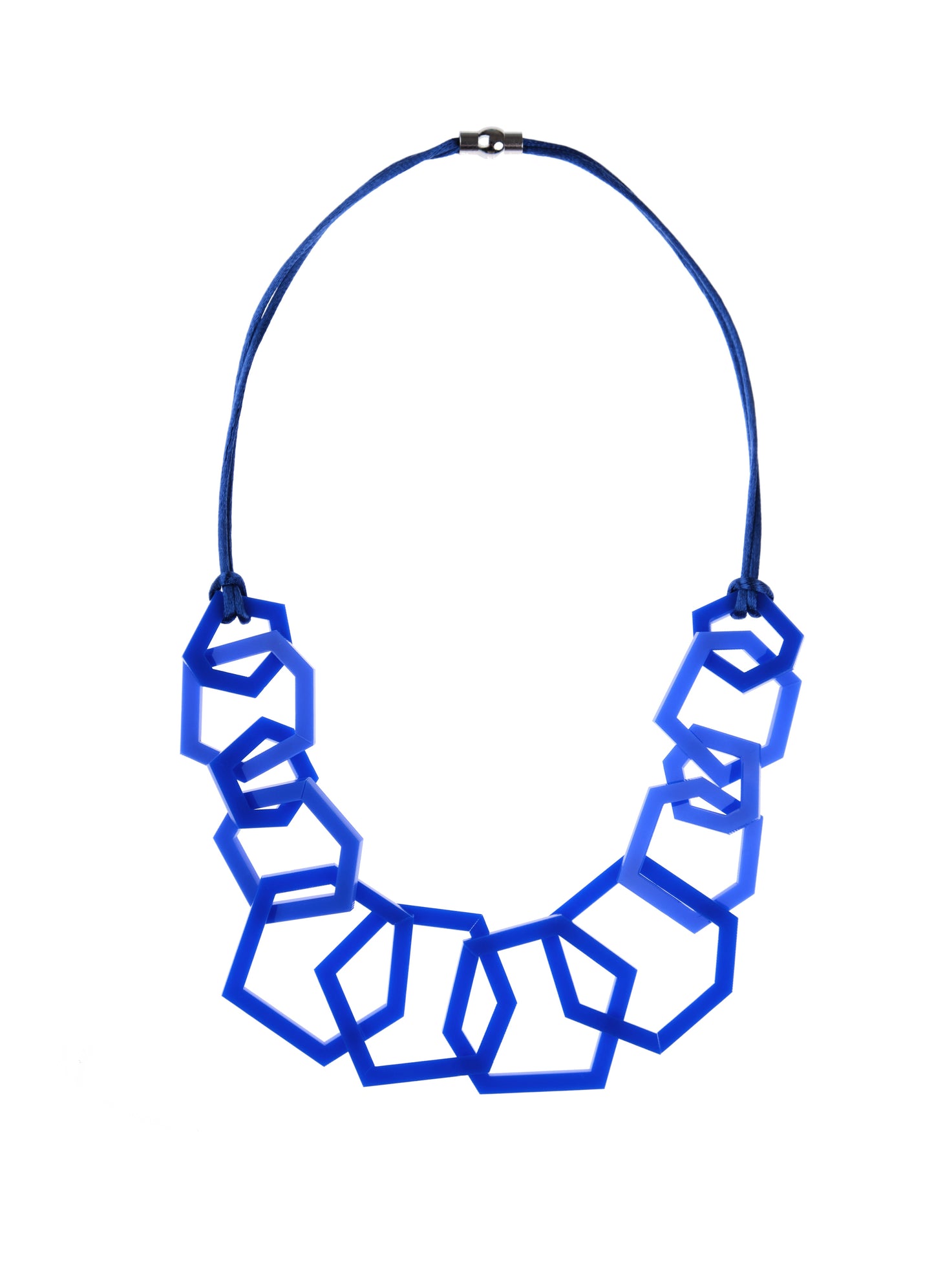 Royal Blue geometric necklace on a white background