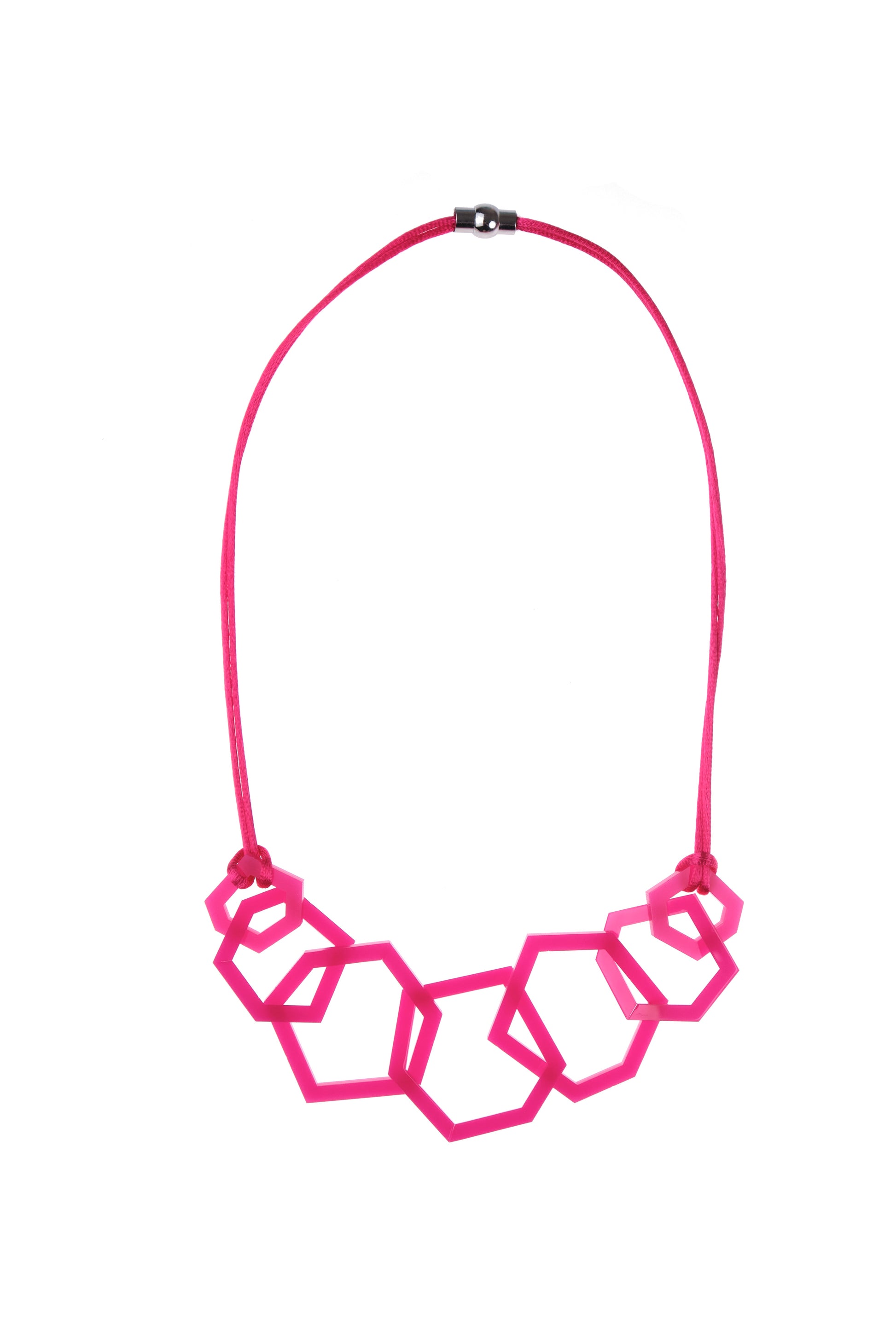 Fuchsia Pink geometric necklace on a white background