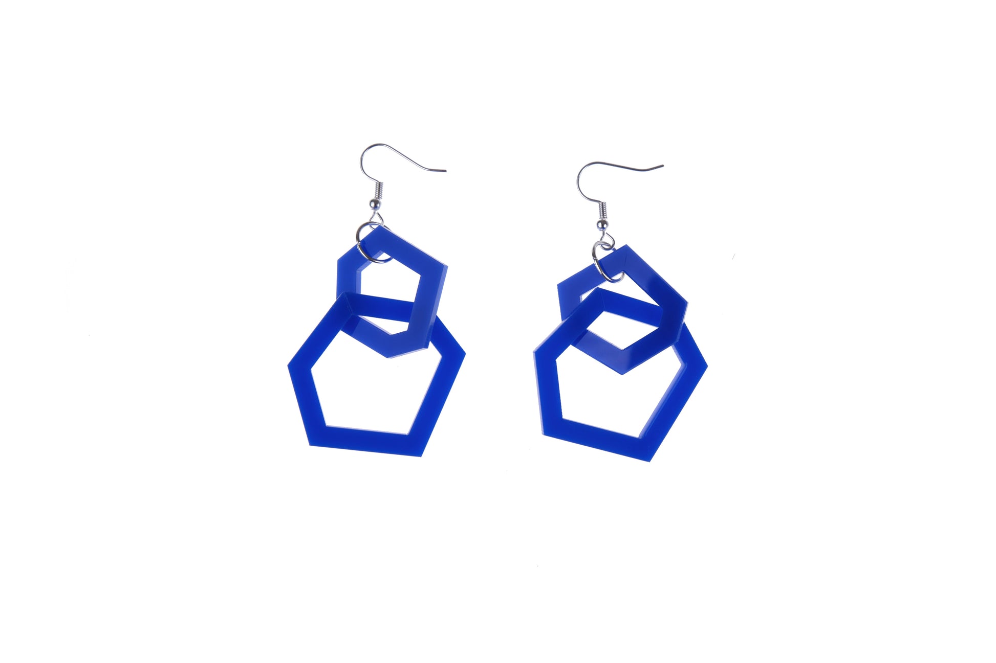 Royal Blue geometric earrings on a white background