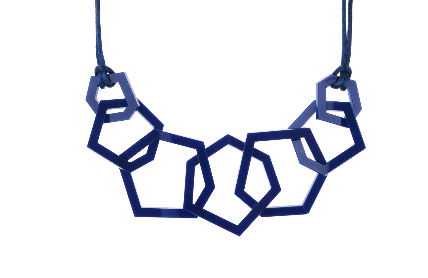 Navy Blue Geometric necklace on a white background
