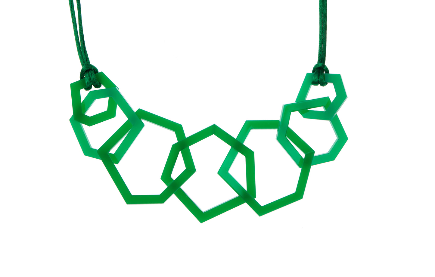 Emerald Green geometric necklace on a white background