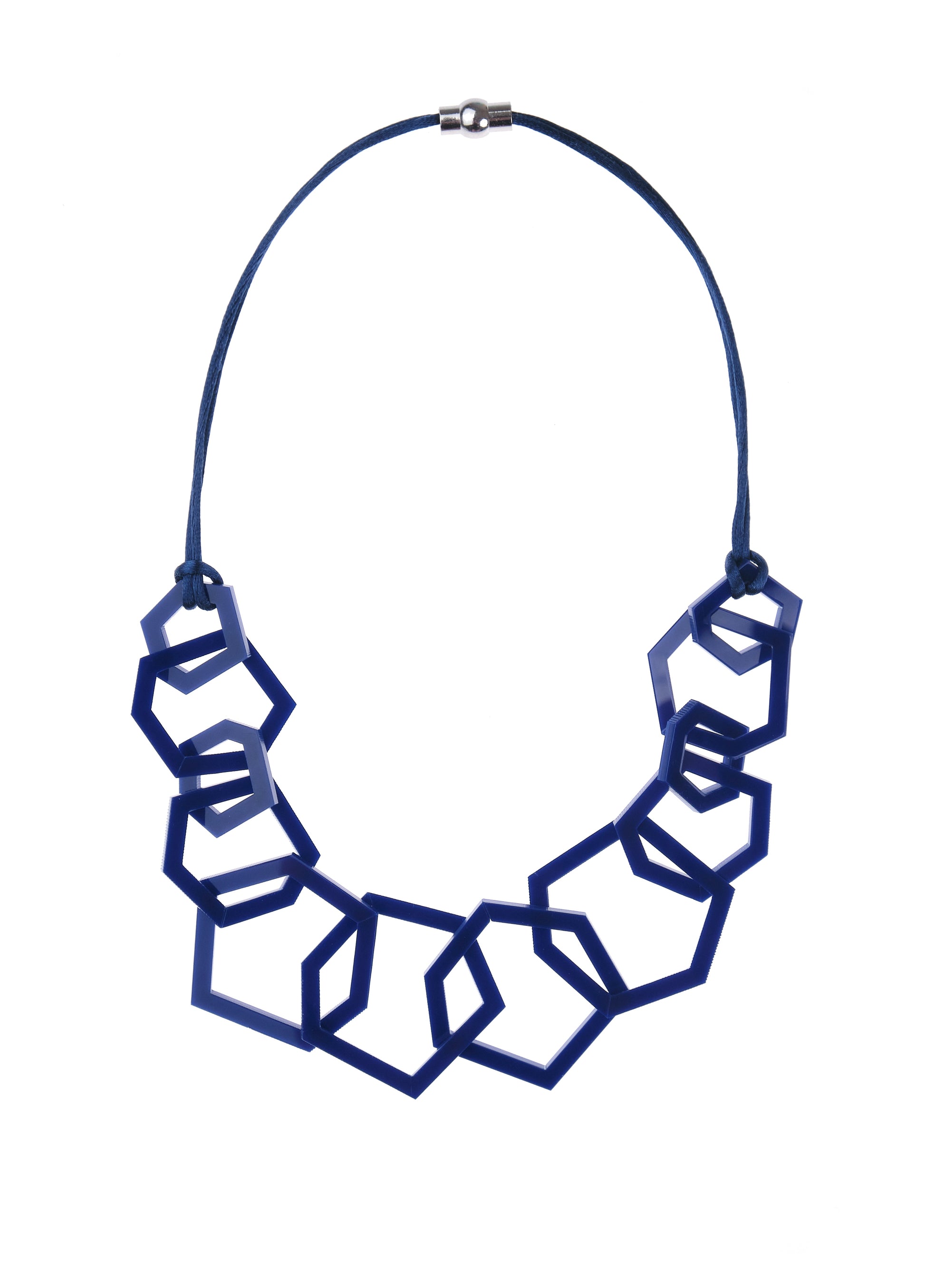 Navy Blue Geometric necklace on a white background