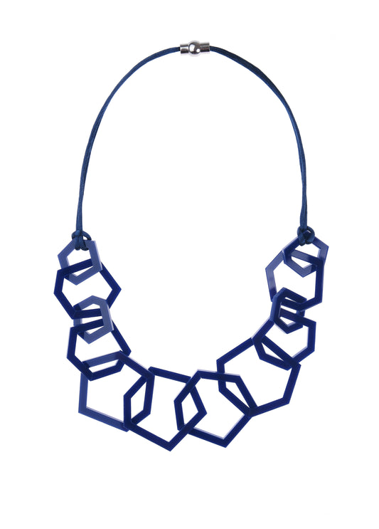 Navy Blue Geometric necklace on a white background