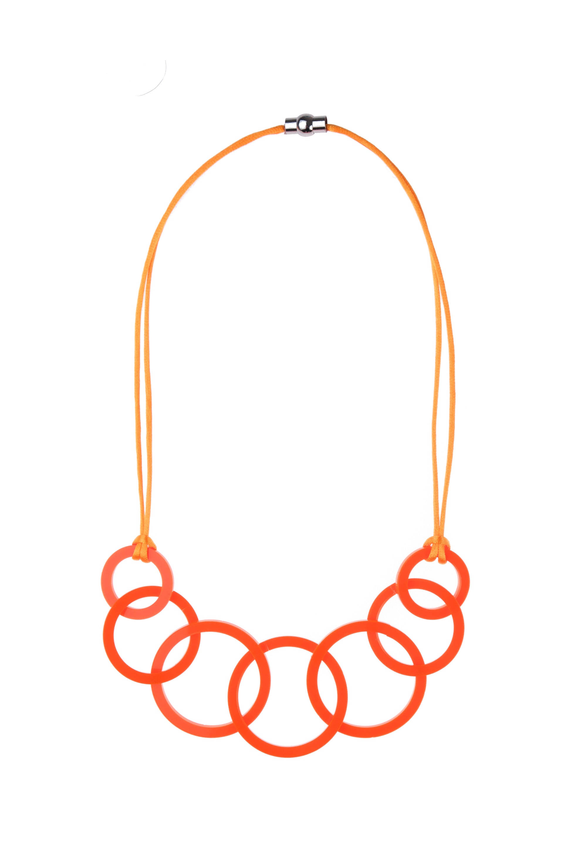 Necklace with orange circular links on an orange cord against a white background