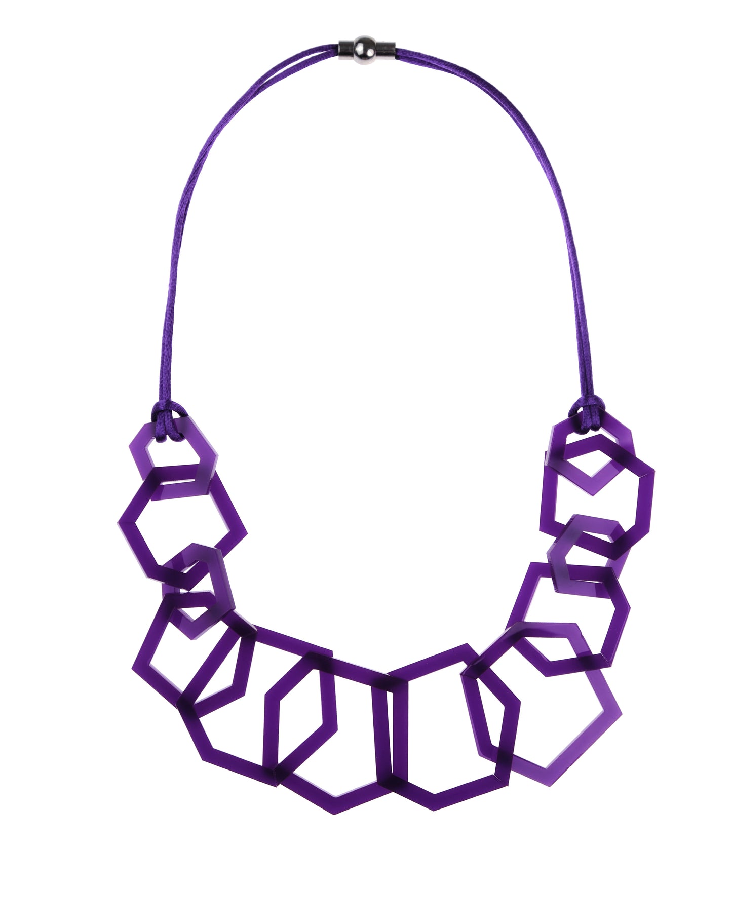Purple geometric necklace on a white background